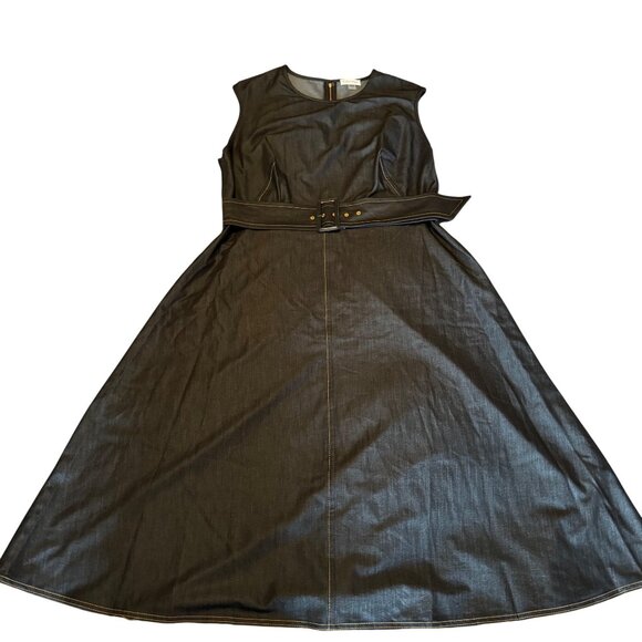 Calvin Klein Soft Jean A-Line Dress Exposed Back Zipper Attached Belt Size 16 - Picture 3 of 10